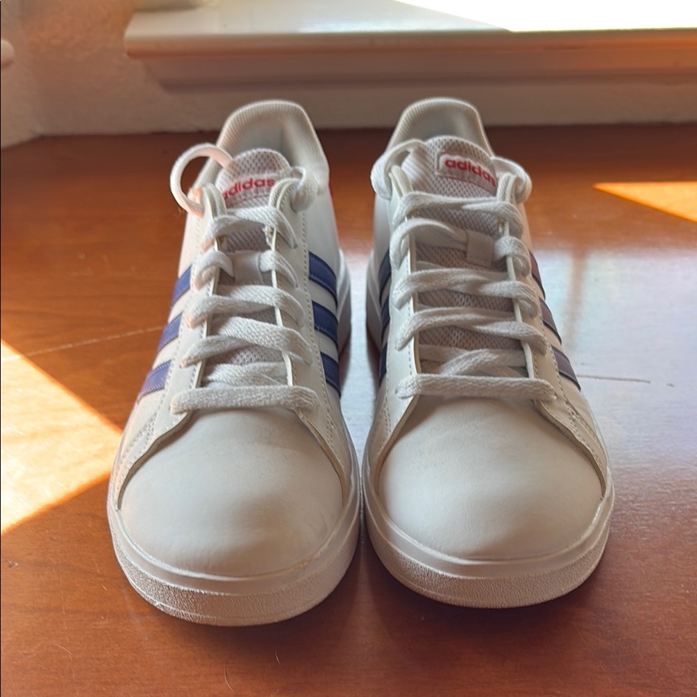 Adidas White Sneakers with Navy Stripes and Red Accents